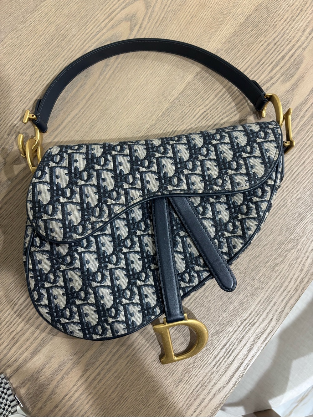 Dior Navy and Beige Saddle Bag with Gold Hardware